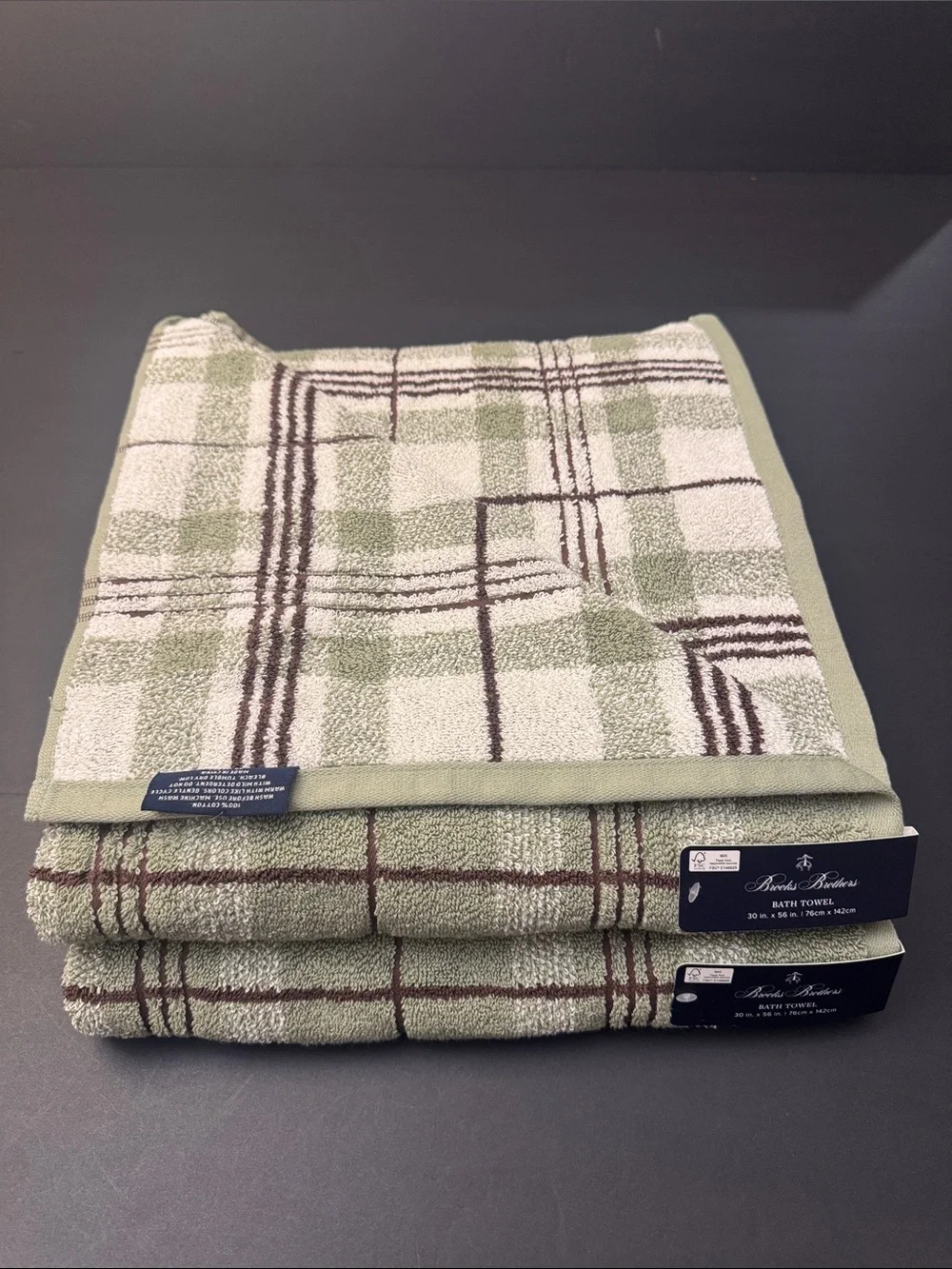 8pc BROOKS BROTHERS 100% Cotton Plaid Bath Towel Set - Sydney Plaid - Sage/Brown